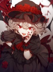 Rule 34 | 1girl, bat wings, black dress, dress, fangs, flower, highres, looking at viewer, nail polish, no-kan, open mouth, puffy short sleeves, puffy sleeves, red eyes, red rose, remilia scarlet, rose, short hair, short sleeves, silver hair, solo, touhou, wings, wrist cuffs
