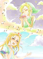 Rule 34 | 1boy, 1girl, beamed quavers, blonde hair, blue eyes, brown eyes, closed eyes, cloud, flower, green hat, hair flower, hair ornament, hat, instrument, koma taro, link, marin (zelda), music, musical note, nintendo, ocarina, open mouth, outdoors, outstretched hand, pointy ears, quaver, spoken musical note, the legend of zelda, the legend of zelda: link&#039;s awakening, tunic