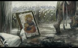 Rule 34 | 2girls, barefoot, blonde hair, bouquet, commentary, doll, flower, grave, koto inari, letterboxed, lily of the valley, medicine melancholy, mirror, mud, multiple girls, photo (object), picture frame, rain, short hair, snow, su-san, touhou