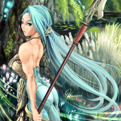 Rule 34 | 1girl, alf874, ass, backless outfit, blue eyes, blue hair, bodysuit, exalted, forest, highres, long hair, looking back, matching hair/eyes, muscular, muscular female, nature, polearm, solo, spear, very long hair, weapon