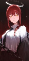 Rule 34 | 1girl, black jacket, black necktie, black pants, blurry, braid, braided ponytail, breasts, chain, chainsaw man, closed mouth, depth of field, gnns, halo, highres, jacket, looking at viewer, makima (chainsaw man), medium breasts, necktie, pants, red hair, removing jacket, ringed eyes, shirt, shirt tucked in, solo, upper body, white shirt, yellow eyes