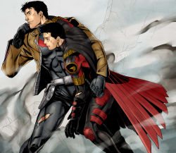 Rule 34 | 2boys, bat (symbol), batman (series), belt, black hair, brothers, cape, carrying, dc comics, family, gloves, holster, jacket, jason todd, jiro, leaning, multiple boys, red hood (dc), red robin, rubble, siblings, tim drake, torn clothes