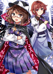 Rule 34 | 2girls, :d, belt, black belt, black cape, black hat, black legwear, blush, bow, brown eyes, brown hair, cape, coat, commentary request, crossed arms, drumsticks, e.o., fedora, feet out of frame, hat, hat bow, highres, holding, horikawa raiko, long sleeves, looking at viewer, multiple girls, necktie, open mouth, pleated skirt, purple neckwear, purple skirt, purple vest, red-framed eyewear, red eyes, red hair, short hair, skirt, smile, standing, touhou, unmoving pattern, usami sumireko, vest, white bow, white coat, white skirt, wing collar
