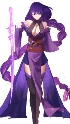 Rule 34 | 1girl, absurdly long hair, absurdres, braid, breasts, cleavage, expressionless, full body, genshin impact, highres, japanese clothes, katagirinanoka, large breasts, long hair, looking at viewer, low-braided long hair, low-tied long hair, purple eyes, purple hair, purple skirt, raiden shogun, skirt, solo, very long hair, weapon