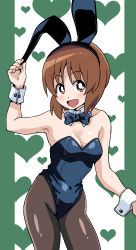 Rule 34 | 1girl, animal ears, black bow, black bowtie, black leotard, black pantyhose, blush, bow, bowtie, breasts, bright pupils, cleavage, collar, commentary, covered navel, cowboy shot, detached collar, fake animal ears, girls und panzer, heart, highres, leotard, looking at viewer, medium breasts, nishizumi miho, open mouth, pantyhose, playboy bunny, ponzu rui, rabbit ears, short hair, smile, solo, standing, strapless, strapless leotard, white collar, white pupils, wing collar, wrist cuffs