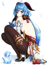 Rule 34 | 1girl, absurdres, ahoge, bare back, bare shoulders, black gloves, black pantyhose, blue hair, blush, bodysuit, bow, cyan 328, detached sleeves, from side, ganyu (genshin impact), genshin impact, gloves, goat horns, hair bow, high heels, highres, horns, long hair, looking at viewer, pantyhose, purple eyes, simple background, sitting, solo, waist cape, white background