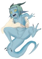 Rule 34 | 2girls, angry, blue skin, breasts, claws, colored sclera, colored skin, fins, green eyes, green hair, green sclera, head fins, highres, holding, horns, kiyoshi2431, mini person, minigirl, monster girl, multiple girls, nail polish, nude, open mouth, original, pussy, scales, sharp teeth, short hair, simple background, size difference, sketch, small breasts, spread legs, tail, teeth, white background
