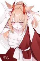 Rule 34 | 1girl, anoyo (anoyode0), blonde hair, breasts, chest sarashi, cleavage, facial mark, final fantasy, final fantasy xiv, highres, horns, japanese clothes, jewelry, kimono, large breasts, long hair, looking at viewer, miqo&#039;te, necklace, open mouth, pink eyes, red horns, red kimono, sarashi, shoulder tattoo, signature, smile, solo, tattoo, thank you, whisker markings