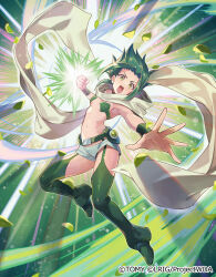 Rule 34 | 1girl, bare shoulders, boots, breasts, clenched hand, collarbone, forehead, green eyes, green footwear, green hair, grey shorts, highres, looking at viewer, midoriko (wixoss), multicolored hair, navel, official art, open mouth, revealing clothes, shoes, short shorts, shorts, small breasts, solo, thigh boots, two-tone hair, v-shaped eyebrows, wixoss, yuko (uc yuk)