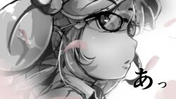 Rule 34 | 1girl, bespectacled, cabbie hat, collared shirt, commentary request, flanvia, glasses, greyscale, hair bobbles, hair ornament, hat, highres, kawashiro nitori, lips, looking at viewer, monochrome, parted lips, petals, portrait, shirt, short hair, short twintails, simple background, solo, touhou, twintails