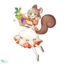 Rule 34 | 1girl, :3, :d, absurdres, animal ears, basket, beans, brown eyes, brown footwear, brown hair, carrot, dated, dress, food, fruit, full body, grapes, highres, holding, holding basket, looking at viewer, lumeru 33, open mouth, original, pantyhose, puffy short sleeves, puffy sleeves, shoes, short sleeves, signature, simple background, smile, solo, squirrel ears, squirrel girl, squirrel tail, strawberry, strawberry bag, tail, white background, white dress, white pantyhose, wristband