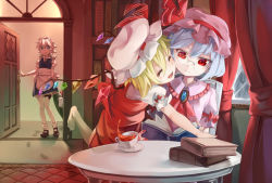 Rule 34 | 4girls, apron, ascot, asutora, barefoot, bespectacled, blue eyes, blue hair, book, bookshelf, braid, brooch, check commentary, cheek-to-cheek, closed eyes, commentary request, cup, curtains, dragging, dress, flandre scarlet, footprints, glasses, green dress, hat, hat ribbon, heads together, holster, hong meiling, indoors, izayoi sakuya, jewelry, maid, maid apron, maid headdress, mob cap, multiple girls, open book, open clothes, open dress, open mouth, puffy short sleeves, puffy sleeves, rain, reading, red dress, red eyes, red hair, remilia scarlet, ribbon, short sleeves, siblings, silver hair, sisters, smile, table, tackle, teacup, thigh holster, touhou, twin braids, waist apron, window, wings