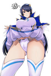Rule 34 | 1girl, 4fkdgodydydy, absurdres, black hair, blue cape, blue eyes, blush, bow, bow panties, breasts, cameltoe, cape, closed mouth, cowboy shot, from below, hairband, highres, large breasts, lifting own clothes, long hair, long sleeves, looking at viewer, miniskirt, panties, pleated skirt, seven knights, shirt, skirt, swept bangs, tara (seven knights), thighhighs, underwear, uniform, very long hair, white background, white panties, white shirt, white skirt, white thighhighs