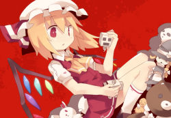 Rule 34 | 1girl, ascot, blonde hair, broken, character doll, doll, female focus, flandre scarlet, fuukadia (narcolepsy), hat, hat ribbon, kirisame marisa, open mouth, red background, red eyes, ribbon, short hair, short sleeves, side ponytail, skirt, solo, stuffed animal, stuffed rabbit, stuffed toy, teddy bear, touhou, wings, witch hat