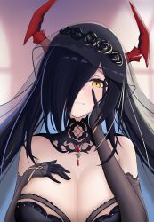 Rule 34 | 1girl, absurdres, alternate costume, azur lane, bare shoulders, black gloves, black hair, breasts, buttons, cleavage, closed mouth, elbow gloves, floral print, friedrich der grosse (azur lane), friedrich der grosse (zeremonie of the cradle) (azur lane), gloves, hair over one eye, hand on breast, hand on own face, headgear, highres, horns, jewelry, large breasts, littlechim, long hair, looking at viewer, mechanical horns, mixed-language commentary, necklace, red horns, smile, veil, yellow eyes
