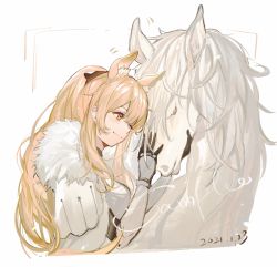 Rule 34 | 1girl, animal, animal ear fluff, animal ears, arknights, arms up, blemishine (arknights), blonde hair, closed eyes, dated, etiv, highres, horse, horse ears, horse girl, long hair, one eye closed, petting, ponytail, sample watermark, solo, watermark, white background, yellow eyes