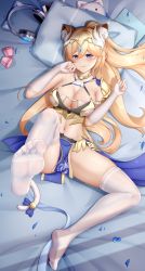Rule 34 | 1girl, absurdres, animal ears, armor, bed, bianka durandal ataegina, bianka durandal ataegina (dea anchora), blonde hair, blue eyes, blush, breasts, cat ears, cat tail, cleavage, closed mouth, fake animal ears, fake tail, fingerless gloves, full body, gloves, headset, highres, honkai (series), honkai impact 3rd, loincloth, long hair, looking at viewer, lrh0123, lying, navel, no shoes, petals, pillow, smile, soles, solo, tail, toes, tongue, tongue out, white gloves, white legwear