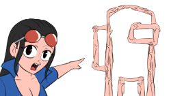 Rule 34 | 1girl, among us, black eyes, black hair, disembodied hand, extra arms, eyewear on head, female focus, hana hana no mi, highres, looking at viewer, meme, nico robin, nose, official alternate costume, one piece, open mouth, pointing, red-tinted eyewear, sidelocks, simple background, solo, teeth, tinted eyewear, two soyjaks pointing (meme), upper teeth only, white background