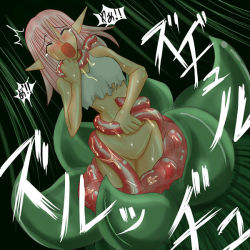 Rule 34 | blush, bottomless, breasts, cleavage, closed eyes, open mouth, pink hair, plant, pointy ears, short hair, tentacles, torn clothes, vore