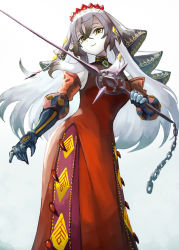 Rule 34 | 1girl, blazing cartesia the virtuous, breasts, chain, choker, circlet, colored skin, dress, duel monster, ecclesia (yu-gi-oh!), gauntlets, grey eyes, grey hair, hair between eyes, holding, holding weapon, ishii (young-moon), long hair, looking at viewer, pointy ears, red dress, smile, solo, sword, veil, weapon, white skin, yu-gi-oh!