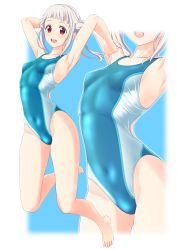 Rule 34 | 1girl, absurdres, aqua one-piece swimsuit, arashi chisato, armpits, arms up, barefoot, blunt bangs, breasts, clothes writing, collarbone, competition swimsuit, covered navel, double bun, full body, hair bun, highleg, highleg swimsuit, highres, jumping, long hair, looking at viewer, love live!, love live! superstar!!, multicolored clothes, multicolored swimsuit, one-piece swimsuit, open mouth, red eyes, round teeth, single sidelock, small breasts, smile, solo, swimsuit, takafumi, teeth, twintails, upper teeth only, white hair, zoom layer