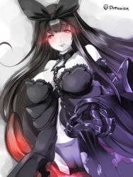 Rule 34 | 10s, 1girl, abyssal ship, bare shoulders, black bow, black hair, black panties, blush, bow, breasts, cameltoe, center opening, chain, choker, claws, closed mouth, colored skin, cowboy shot, detached sleeves, glowing, glowing eyes, gothic lolita, hair bow, kadokawa shoten, kantai collection, large breasts, lolita fashion, long hair, looking at viewer, maki (seventh heaven maxion), navel, pale skin, panties, purple panties, red eyes, seaplane tender princess, smile, solo, twitter username, underwear, very long hair, white skin, wide sleeves
