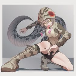Rule 34 | 1girl, arm up, bike shorts, boots, border, drawstring, evil smile, fang, fighting stance, forked tongue, full body, grey hair, highres, hood, hood up, hooded jacket, jacket, kemono friends, long sleeves, long tongue, microskirt, multicolored hair, okinawa habu (kemono friends), on one knee, open mouth, purple hair, shorts, shorts under skirt, skirt, slit pupils, smile, snake tail, snakeskin print, solo, spread legs, tail, tongue, tongue out, twisted torso, two-tone hair, v-shaped eyebrows, white border, yellow eyes, yongo ichifu