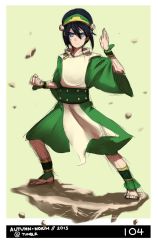Rule 34 | 1girl, anklet, autumn-north, avatar: the last airbender, avatar legends, barefoot, black hair, blind, blue eyes, chinese clothes, fighting stance, hair bun, hairband, jewelry, nickelodeon, short hair, single hair bun, solo, toph bei fong