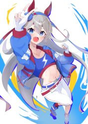 Rule 34 | 1girl, absurdres, animal ears, arm up, belt, blue eyes, blue footwear, blue jacket, blue shirt, blush, clenched hand, commentary request, crop top, fang, fingerless gloves, flat chest, full body, gloves, grey hair, grey tail, grin, hairband, headband, highres, horse ears, horse girl, horse tail, jacket, lightning bolt symbol, long hair, looking at viewer, midriff, multicolored background, navel, open clothes, open jacket, open mouth, pants, shirt, shoes, smile, sneakers, solo, tail, tamamo cross (umamusume), teeth, tuksi0302, twitter username, umamusume, v, white gloves, white pants