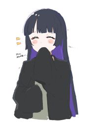 Rule 34 | 1girl, ^ ^, black choker, black coat, black hair, bocchi the rock!, choker, closed eyes, coat, covering own mouth, hand over own mouth, happy, haruharu sensei, long hair, long sleeves, md5 mismatch, open clothes, open coat, oversized clothes, pa-san, simple background, sleeves past wrists, tagme, translation request, white background