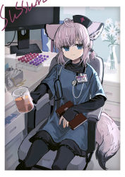 Rule 34 | 1girl, alternate costume, animal ears, arknights, blue eyes, chair, character name, closed mouth, cross, feet out of frame, flower, fox ears, fox tail, hat, holding, holding notebook, holding test tube, id card, long sleeves, looking at viewer, medical scrubs, monitor, notebook, nurse cap, office chair, pink hair, red cross, red medicine, short hair, sitting, sleeves past wrists, smile, solo, stethoscope, sussurro (arknights), swivel chair, tail, test tube, vase, white flower