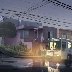 Rule 34 | 1girl, amano satomi, black hair, bus, bus stop, bush, cloud, cloudy sky, commentary request, highres, house, long sleeves, motor vehicle, original, power lines, red scarf, road, scarf, scenery, shoes, sky, standing, tree