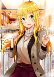 Rule 34 | 1girl, ahoge, blonde hair, breasts, commentary request, green eyes, hair between eyes, highres, hoshii miki, idolmaster, idolmaster (classic), idolmaster million live!, jacket, jewelry, kotobuki haruki, long hair, looking at viewer, medium breasts, necklace, open mouth, outdoors, skirt, smile, solo, sweater, turtleneck, wristband