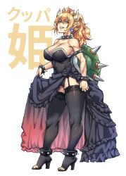 Rule 34 | 1girl, anklet, bare shoulders, black leotard, black nails, black skirt, black thighhighs, blonde hair, blue eyes, bowsette, bracelet, breasts, cleavage, clothes lift, collar, crown, dress, earrings, full body, hair between eyes, horns, jewelry, large breasts, leotard, lifting own clothes, looking at viewer, mario (series), mushi024, nail polish, new super mario bros. u deluxe, nintendo, pointy ears, ponytail, sandals, sharp teeth, skirt, skirt lift, spiked bracelet, spiked collar, spikes, strapless, strapless leotard, super crown, teeth, thick thighs, thighhighs, thighs, toeless legwear, turtle shell