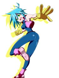 Rule 34 | 1girl, absurdres, allenby beardsley, artist request, ass, bare shoulders, blue bodysuit, blue hair, bodysuit, breasts, clenched hand, cropped jacket, g gundam, gloves, green eyes, gundam, highres, jewelry, open mouth, outstretched hand, pendant, shiny clothes, short hair, smile, solo, spandex, vest