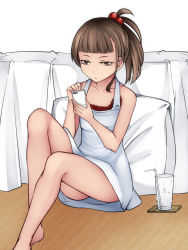 Rule 34 | 1girl, aoshima, bare shoulders, blunt bangs, brown eyes, brown hair, cellphone, closed mouth, coaster, collarbone, commentary request, cup, drinking glass, drinking straw, earrings, ears visible through hair, floor, highres, holding, holding phone, jewelry, looking at viewer, on floor, original, phone, pillow, short hair, sidelocks, sitting, solo, wooden floor