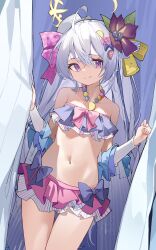 Rule 34 | 1girl, absurdres, ahoge, azusa (blue archive), azusa (swimsuit) (blue archive), bare arms, bare legs, bare shoulders, bikini, blue archive, breasts, closed mouth, collarbone, cowboy shot, frilled bikini, frills, grey hair, hair between eyes, halo, highres, long hair, navel, ningmeng jing jing jing jing, official alternate costume, purple bikini, purple eyes, small breasts, smile, solo, swimsuit, yellow halo