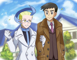 Rule 34 | 10s, 2boys, androgynous, arm grab, blonde hair, blue hair, blush, brown eyes, coat, colress (pokemon), commentary request, couple, creatures (company), day, game freak, glasses, gloves, looker (pokemon), looking at another, male focus, multicolored hair, multiple boys, necktie, nintendo, outdoors, parted lips, pokemoa, pokemon, pokemon xy, smile, trench coat, two-tone hair, yaoi, yellow eyes