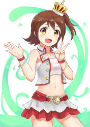 Rule 34 | 1girl, :d, absurdres, bandeau, bare shoulders, blush, brown eyes, brown hair, collared vest, commentary request, cowboy shot, crown, feiyyx, grey skirt, grey vest, hands up, highres, idolmaster, idolmaster million live!, kasuga mirai, looking at viewer, midriff, million dreams (idolmaster), mini crown, multicolored clothes, multicolored skirt, navel, one side up, open mouth, red skirt, skirt, smile, solo, star (symbol), striped bandeau, two-tone background, v, vest