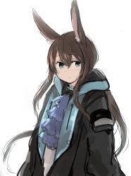 Rule 34 | 1girl, absurdres, amiya (arknights), animal ear fluff, animal ears, arknights, ascot, bad id, bad twitter id, black coat, blue ascot, blue eyes, brown hair, closed mouth, coat, commentary, hair between eyes, highres, long hair, long sleeves, looking at viewer, open clothes, open coat, ponytail, rabbit ears, sketch, solo, tsukiori, upper body, very long hair