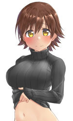 Rule 34 | 1girl, aimobake, black sweater, blush, breasts, brown hair, closed mouth, clothes lift, highres, honda mio, idolmaster, idolmaster cinderella girls, large breasts, lifted by self, long sleeves, looking at viewer, navel, ribbed sweater, short hair, simple background, smile, solo, sweater, sweater lift, turtleneck, turtleneck sweater, upper body, white background, yellow eyes