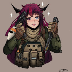 Rule 34 | 1girl, alternate costume, combat knife, dual wielding, fallenspherell, gun, guns akimbo (movie), handgun, hetero, highres, holding, hololive, hololive english, irys (hololive), knife, magazine (weapon), military, military uniform, open mouth, pistol, red hair, solo, tagme, titanfall, titanfall (series), titanfall 2, uniform, virtual youtuber, weapon