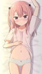 Rule 34 | 1girl, arm up, bed sheet, blush, bow, bow panties, brown eyes, closed mouth, clothes lift, collarbone, commentary request, female focus, flat chest, gluteal fold, groin, hair between eyes, highres, inui sajuna, lifting own clothes, looking at viewer, lying, navel, on back, panties, pink hair, shirt lift, short sleeves, solo, sono bisque doll wa koi wo suru, striped clothes, striped panties, takasuma hiro, thigh gap, two side up, underwear, upper body, wavy hair
