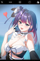 Rule 34 | 1girl, absurdres, armpit crease, azur lane, black ribbon, black sleeves, blue eyes, blush, breasts, cleavage, collar, detached sleeves, fake phone screenshot, fake screenshot, fang, frilled collar, frills, gradient hair, hair ornament, hair ribbon, hairclip, hand up, heart, highres, large breasts, liverpool (azur lane), looking at viewer, maid, medium hair, multicolored hair, open mouth, pink hair, purple hair, purple nails, ribbon, selfie, skin fang, smile, solo, thunder-35, upper body, v, white ribbon, wide sleeves