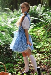 Rule 34 | 1girl, ass, blonde hair, cosplay, dolly little, dorothy gale, dorothy gale (cosplay), flat chest, forest, looking back, nature, original, outdoors, panties, photo (medium), solo, the wizard of oz, underwear