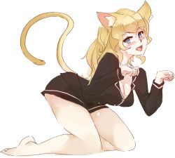 Rule 34 | 1girl, :d, animal ears, barefoot, blonde hair, blue eyes, blush, breasts, cat ears, cat tail, cleavage, commentary, fang, full body, katawa shoujo, kemonomimi mode, kneeling, leaning forward, long hair, looking at viewer, medium breasts, no pants, open mouth, paw pose, rtil, satou lilly, simple background, sketch, smile, solo, tail, wavy hair, white background
