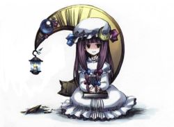 Rule 34 | 1girl, blunt bangs, book, crescent moon, female focus, hat, lantern, moon, onimaru gonpei, patchouli knowledge, purple hair, sitting, smile, solo, touhou, white background