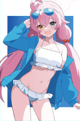 Rule 34 | 1girl, absurdres, ahoge, akagi koku, arm behind head, arm up, armpit peek, bare shoulders, bikini, blue archive, blue eyes, blue jacket, breasts, collarbone, commentary request, contrapposto, cowboy shot, eyewear on head, fang, frilled bikini, frills, hair between eyes, hair bobbles, hair ornament, halo, halterneck, heterochromia, highres, hoshino (blue archive), hoshino (swimsuit) (blue archive), jacket, long hair, long sleeves, looking at viewer, low twintails, navel, off shoulder, official alternate costume, open clothes, open jacket, open mouth, small breasts, smile, solo, stomach, string bikini, sunglasses, swimsuit, thighs, tinted eyewear, twintails, very long hair, white bikini, yellow eyes