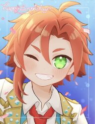 Rule 34 | 1boy, ahoge, blush, collared shirt, commentary request, green eyes, grin, happy birthday, highres, idol time pripara, jacket, looking at viewer, male focus, mitaka asahi, necktie, one eye closed, open mouth, poro (pweedro), pretty series, pripara, red hair, red necktie, shirt, short hair, smile, solo, upper body, white jacket, white shirt