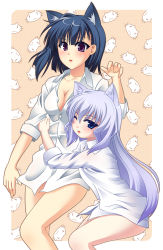 2girls animal_ears aoi_shiro breasts cat_ears cat_girl female_focus multiple_girls nami_(aoi_shiro) nightshirt osanai_shouko shiboru